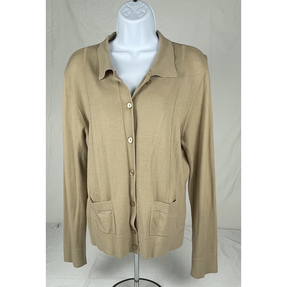 Talbots Petites PM Beige Knit Cardigan Sweater Button Front Pockets Women Medium